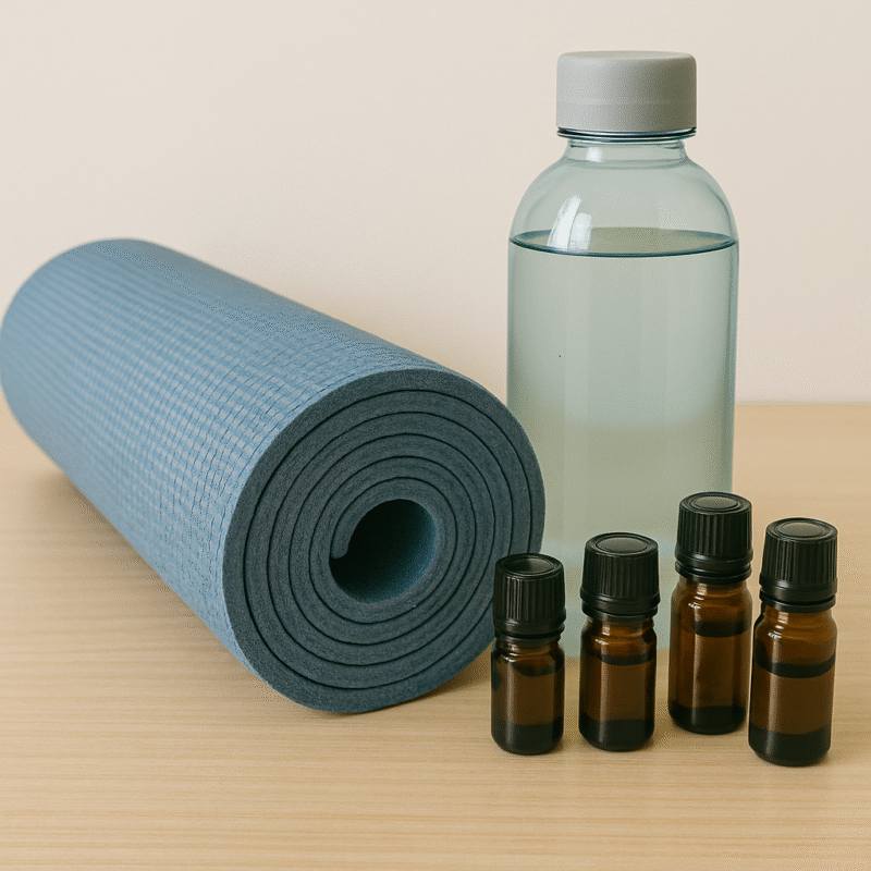 A-yoga-mat,-water-bottle,-and-essential-oils-neatly-placed-together.