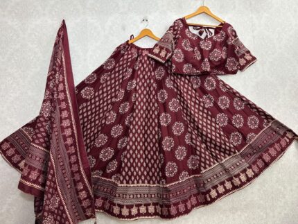 Ajrakh Cotton Lehenga Choli Set Maroon