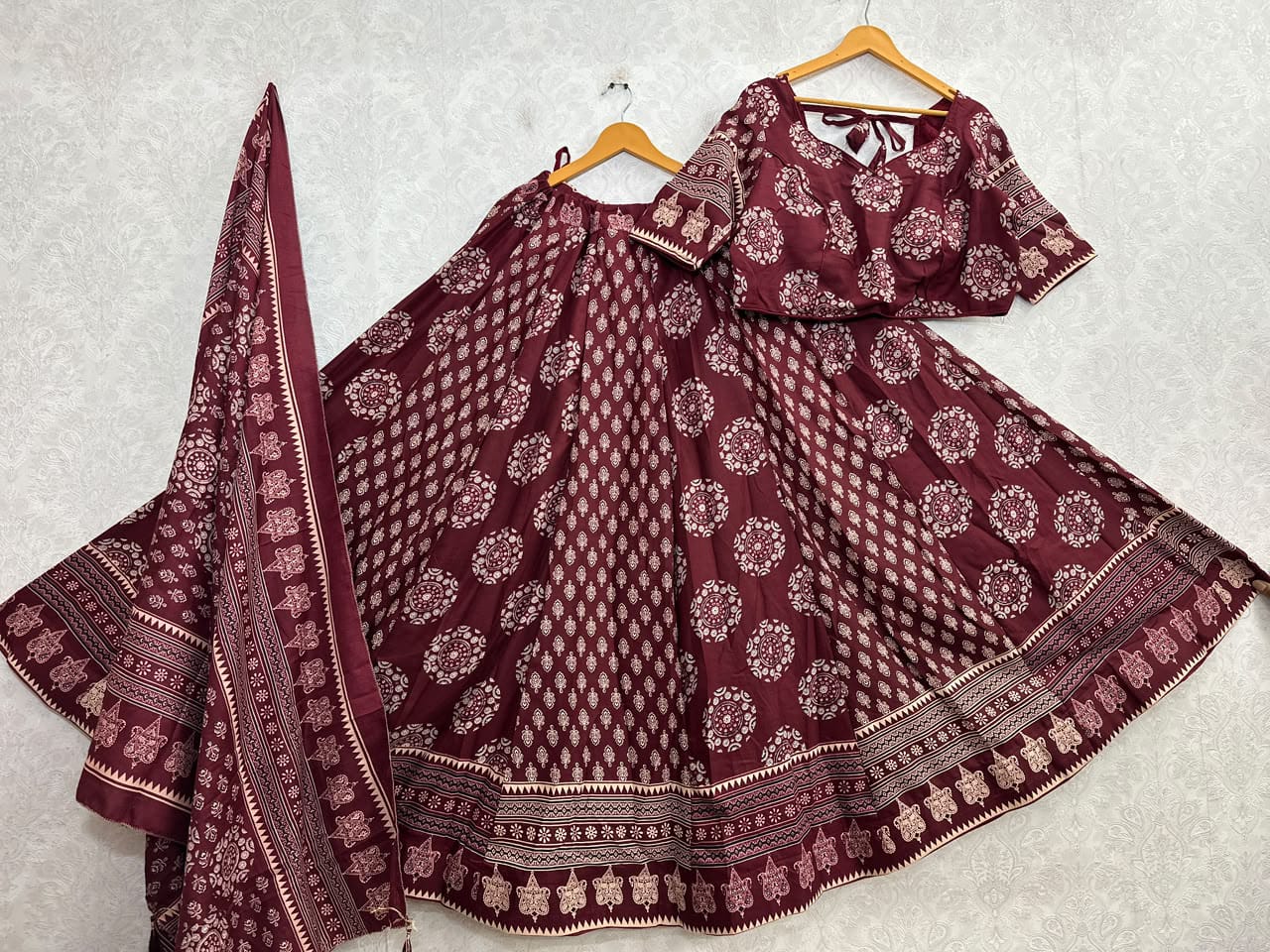 Ajrakh Cotton Lehenga Choli Set Maroon Ajrakh Cotton Lehenga Choli Set Maroon